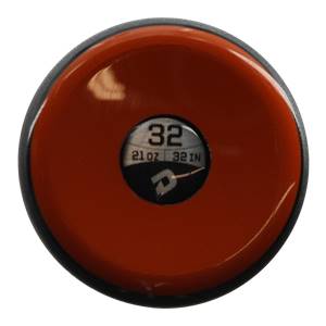Top-down view of an orange baseball bat with a black end cap showing 32, 21 OZ, 32 IN, and a DeMarini logo.
