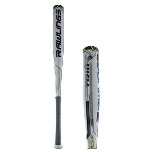 Side view of a silver baseball bat with black Rawlings branding and a green and black cap.