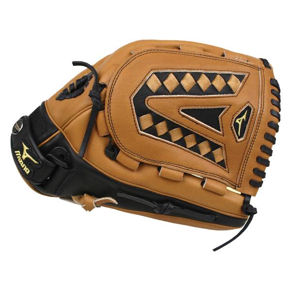 Side view of a tan and black baseball glove with diamond stitching and Mizuno logo.