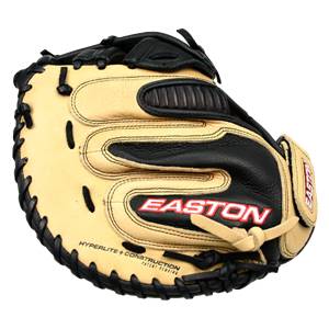 Front view of a tan and black Easton catchers mitt with red Easton logo and HYPERLITE + CONSTRUCTION text.