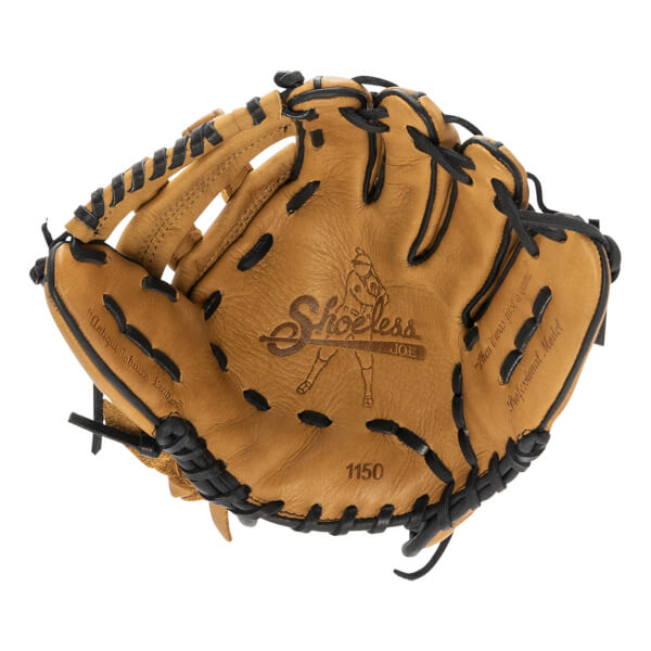 Front view of a tan baseball glove with Shoeless Joe logo, black lacing, and 1150 printed in the palm.