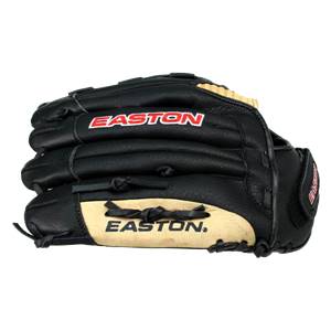 Side view of a black Easton glove with tan palm and red Easton logo.