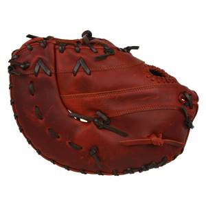 Side view of a red baseball glove with dark brown lacing and a deep pocket.