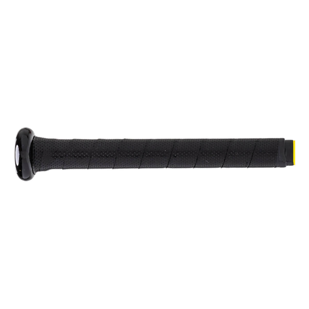 Side view of a black baseball bat with a perforated grip and yellow end cap.