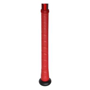 Bottom view of a red baseball bat with a textured grip and black end cap.