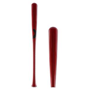 Side view of a red baseball bat with a black logo and a close-up of the handle.