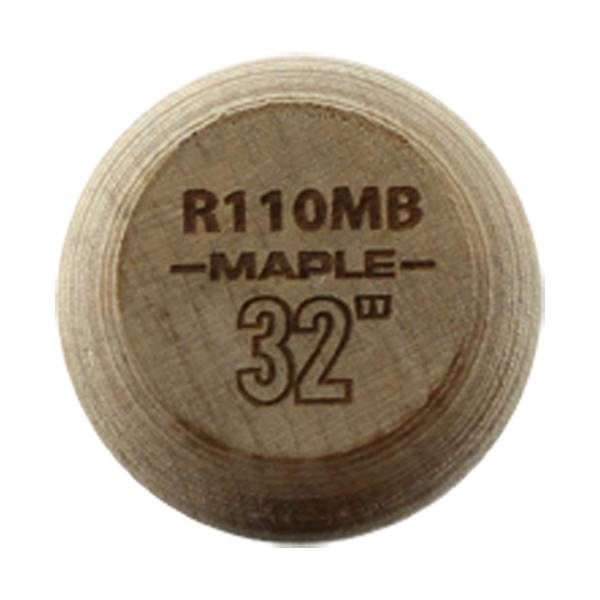 End view of a light brown wood baseball bat with R110MB, -MAPLE-, and 32 engraved.