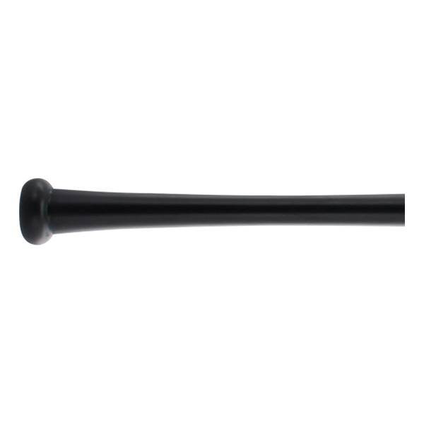 Side view of a black baseball bat with a rounded knob and smooth barrel.