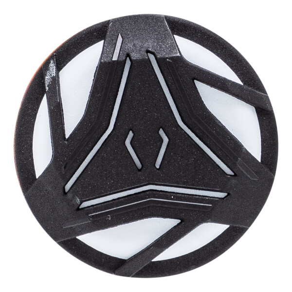 Top-down view of a black fastpitch softball bat end cap with a white geometric pattern and orange trim.