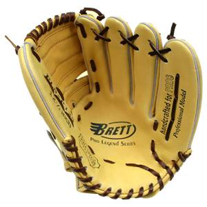 Front view of a tan baseball glove with Brett Pro Legend Series logo and 12 1/2 inch text.