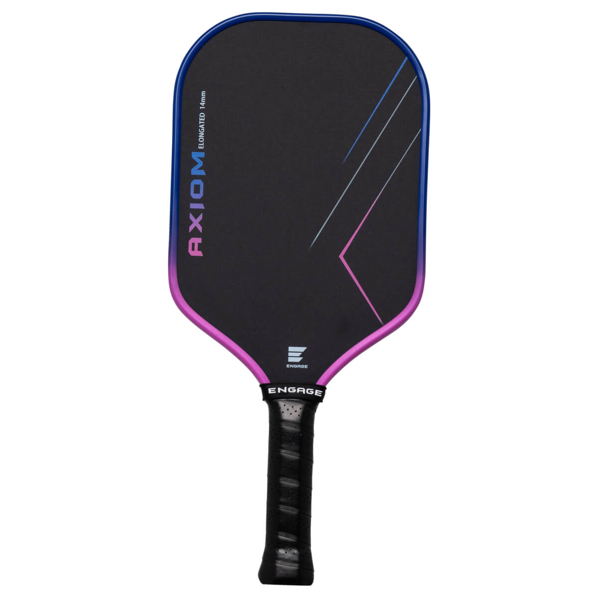Front view of a black pickleball paddle with a blue and pink gradient edge, "AXIOM ELONGATED 14mm" text, and an Engage logo.