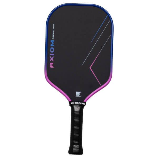 Front view of a black pickleball paddle with a blue and pink gradient edge, "AXIOM ELONGATED 14mm" text, and an Engage logo.