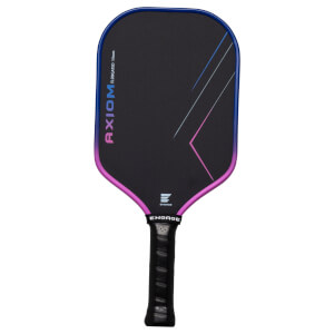 Front view of a black pickleball paddle with a blue and pink gradient edge, "AXIOM ELONGATED 14mm" text, and an Engage logo.