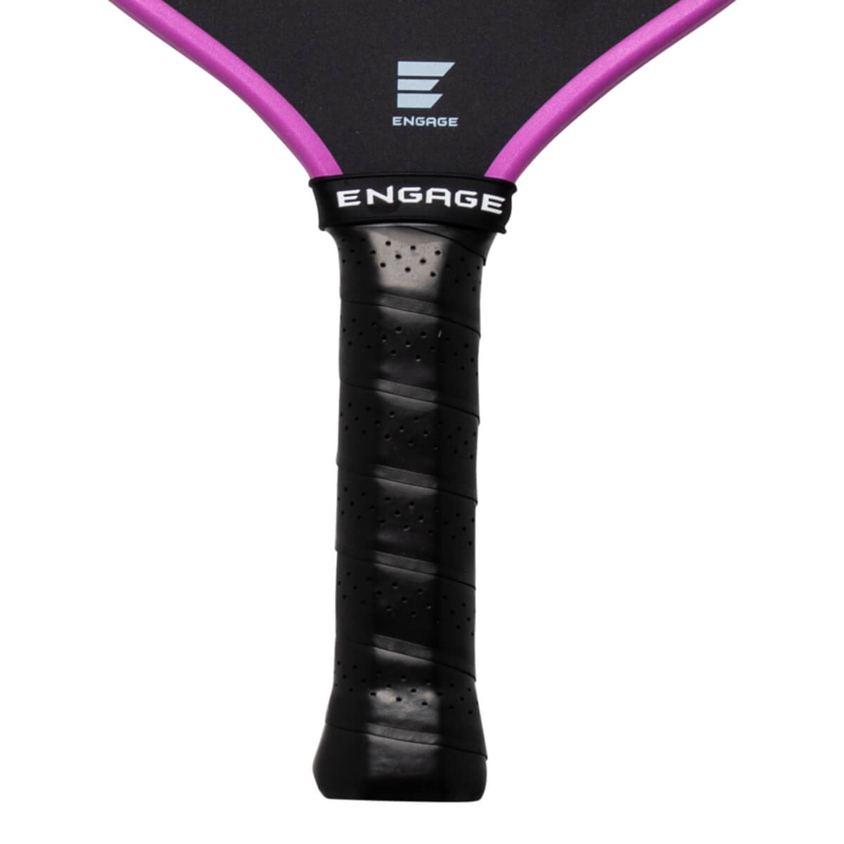 Close-up of a pickleball paddle handle showing the black grip with perforations and the white "ENGAGE" logo on the neck.