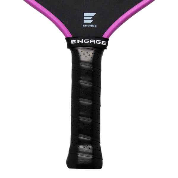 Close-up of a pickleball paddle handle showing the black grip with perforations and the white "ENGAGE" logo on the neck.