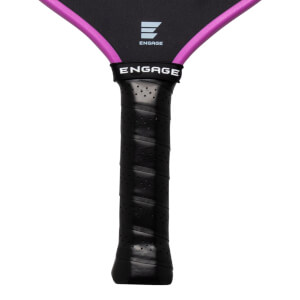 Close-up of a pickleball paddle handle showing the black grip with perforations and the white "ENGAGE" logo on the neck.