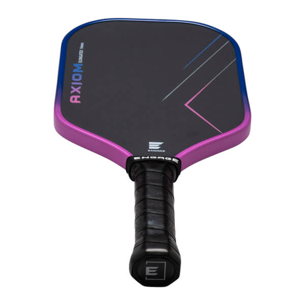 Front view of a pickleball paddle with a black hitting surface, purple and blue gradient edge, and "AXIOM ELONGATED 14mm" text.
