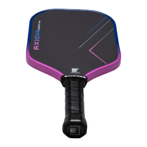 Front view of a pickleball paddle with a black hitting surface, purple and blue gradient edge, and "AXIOM ELONGATED 14mm" text.