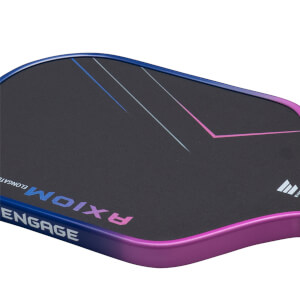 Top-down view of a pickleball paddle with "ENGAGE" and "AXIOM ELONGATE" text, featuring a blue-to-pink gradient edge.