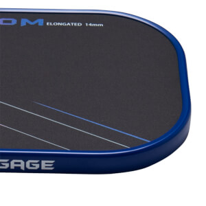 Corner view of a dark gray pad with blue trim, showing "OM ELONGATED 14mm" and "GAGE" text.