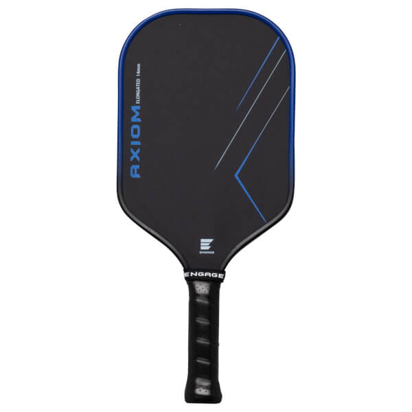 Front view of a black Engage Axiom Elongated 14mm pickleball paddle with blue trim and diagonal blue lines.