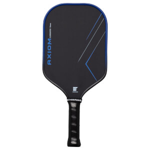 Front view of a black Engage Axiom Elongated 14mm pickleball paddle with blue trim and diagonal blue lines.