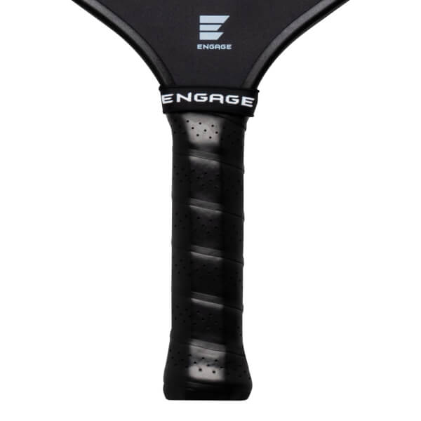 Close-up of a black pickleball paddle grip with a white "ENGAGE" logo band and perforated texture.