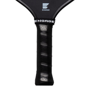Close-up of a black pickleball paddle grip with a white "ENGAGE" logo band and perforated texture.