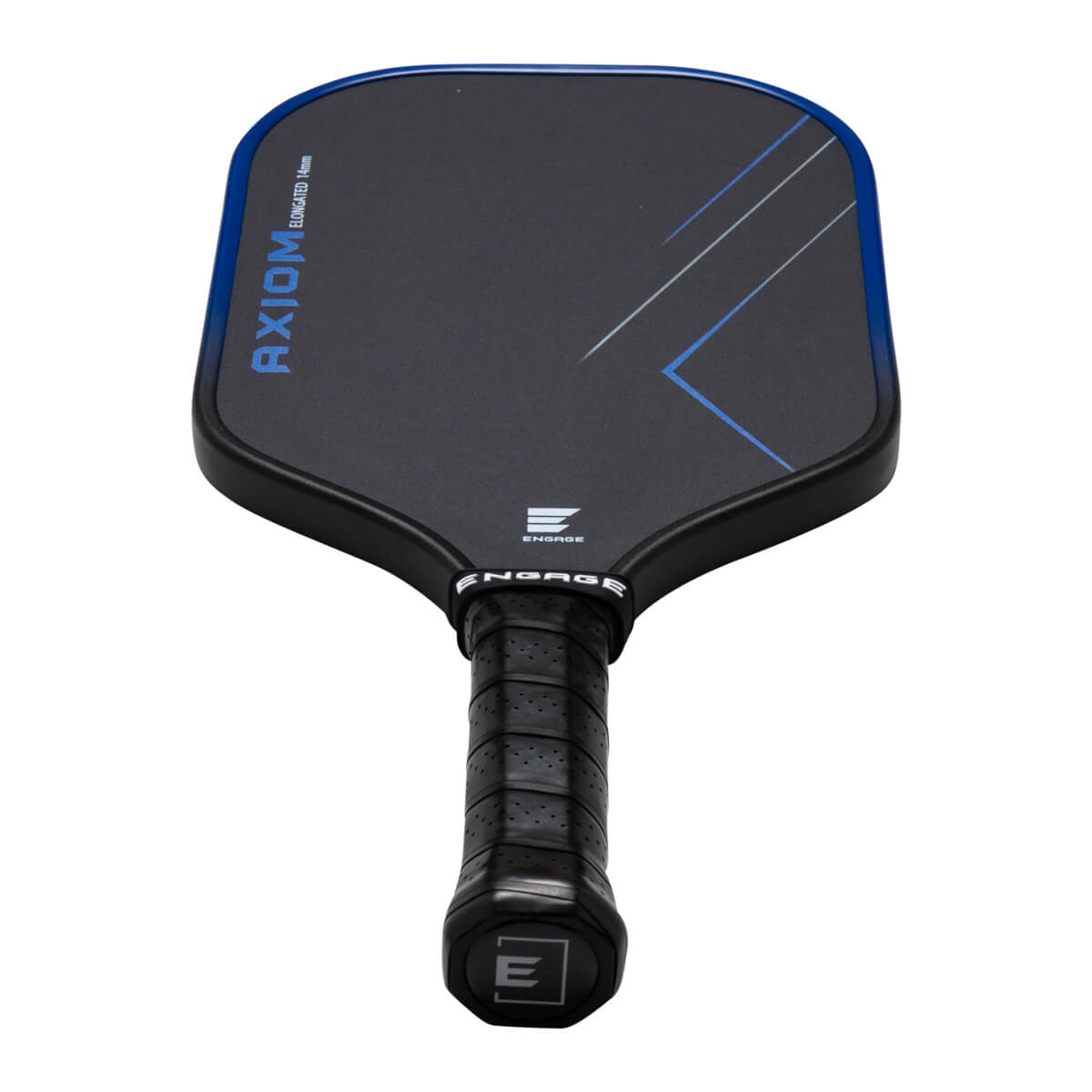 Top-down view of a black pickleball paddle with blue trim, showing "AXIOM ELONGATED 14mm" and blue geometric lines.