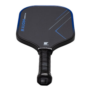 Top-down view of a black pickleball paddle with blue trim, showing "AXIOM ELONGATED 14mm" and blue geometric lines.