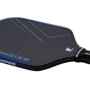Close-up of a pickleball paddle showing the "AXIOM" and "ENGAGE" logos, with blue and white graphic lines.