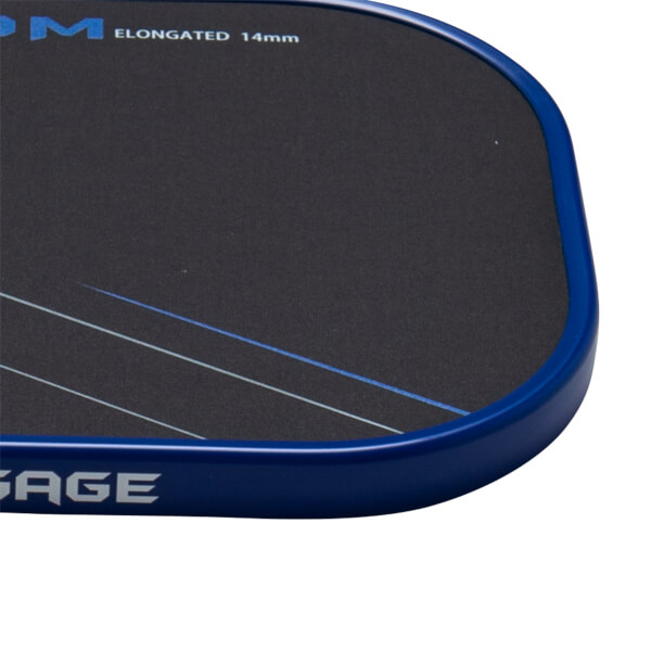 Corner view of a dark paddle with blue trim, showing "M ELONGATED 14mm" and "SAGE" text.
