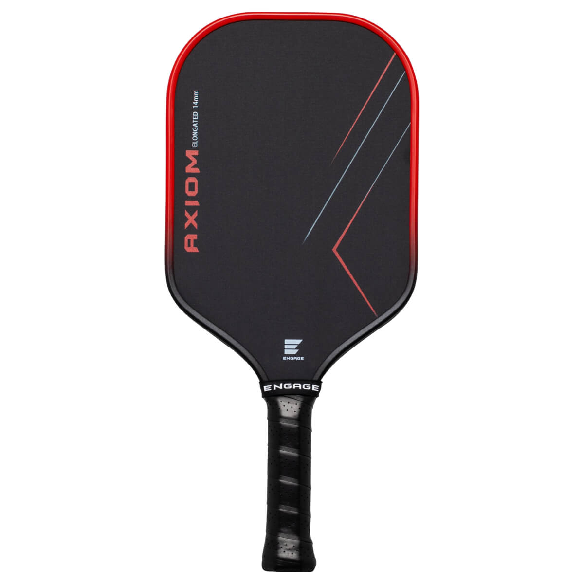 Front view of a black pickleball paddle with a red rim, featuring "AXIOM ELONGATED 14mm" text and abstract red and blue lines.