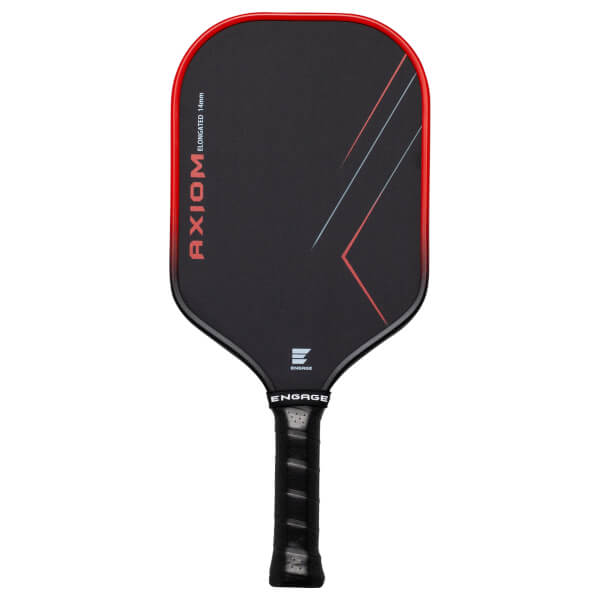 Front view of a black pickleball paddle with a red rim, featuring "AXIOM ELONGATED 14mm" text and abstract red and blue lines.