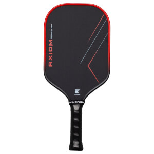 Front view of a black pickleball paddle with a red rim, featuring "AXIOM ELONGATED 14mm" text and abstract red and blue lines.