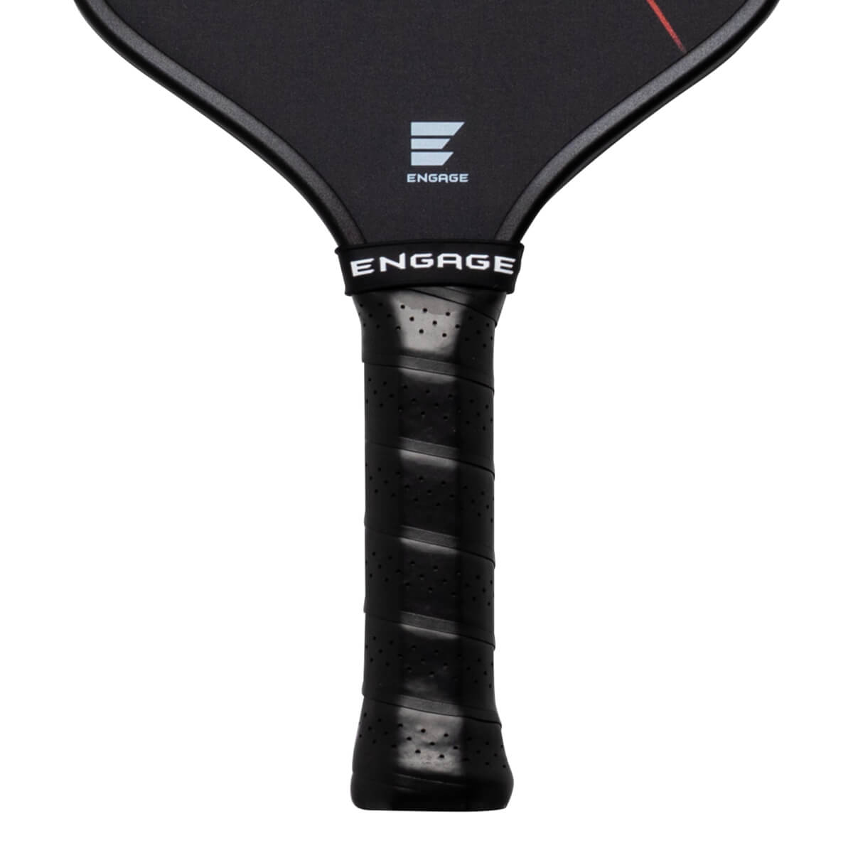 Close-up of a black pickleball paddle handle with a perforated grip and the "ENGAGE" logo on a band.