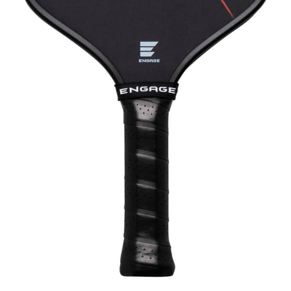 Close-up of a black pickleball paddle handle with a perforated grip and the "ENGAGE" logo on a band.