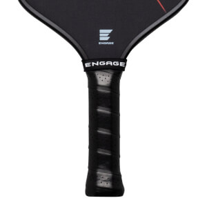 Close-up of a black pickleball paddle handle with a perforated grip and the "ENGAGE" logo on a band.