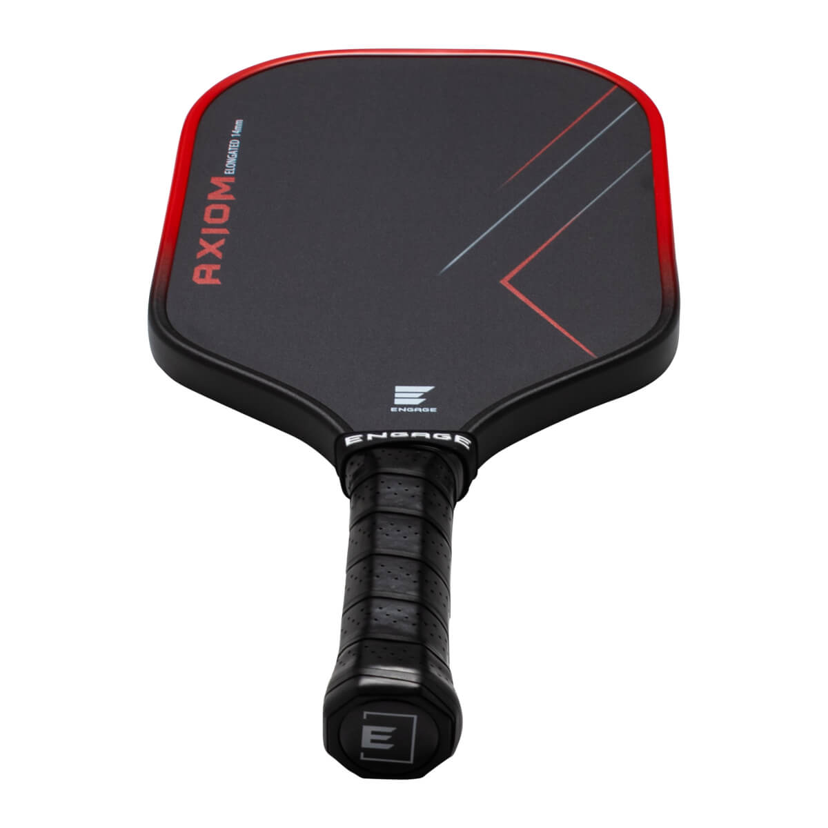 Top-down view of a black pickleball paddle with red trim, showing "AXIOM ELONGATED 14mm" text and a red and grey geometric design.