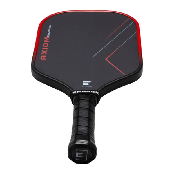 Top-down view of a black pickleball paddle with red trim, showing "AXIOM ELONGATED 14mm" text and a red and grey geometric design.