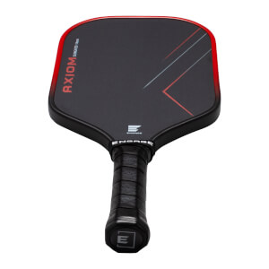 Top-down view of a black pickleball paddle with red trim, showing "AXIOM ELONGATED 14mm" text and a red and grey geometric design.
