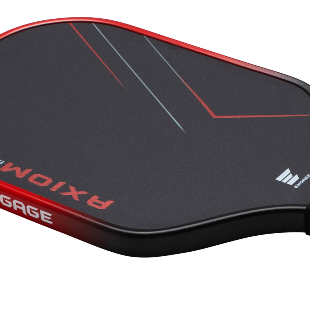 Close-up of a pickleball paddle showing the red edge, black surface, and "AXIOM" text.