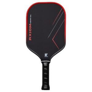 Front view of a black pickleball paddle with a red rim, "AXIOM ELONGATED 16mm" text, and red and blue geometric lines.
