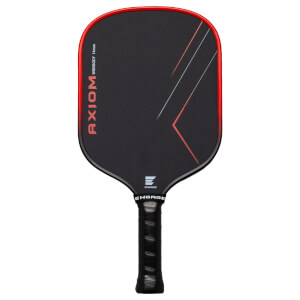 Front view of a black pickleball paddle with red trim, featuring "AXIOM WIDEBODY 14mm" text and abstract red and blue lines.
