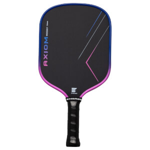 Front view of a black pickleball paddle with a blue and pink gradient edge, featuring "AXIOM WIDEBODY 16mm" text and "ENGAGE" logos.