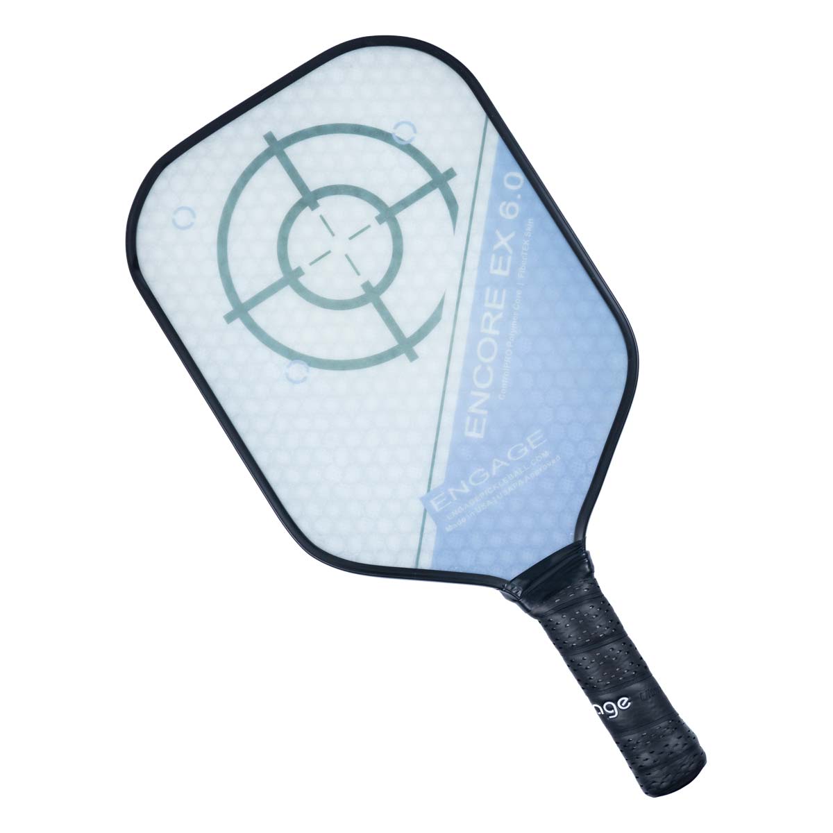 Top-down view of a white and blue pickleball paddle with a target design and ENGAGE branding.