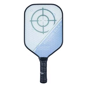 Front view of a white and blue pickleball paddle with a target design and ENGAGE ENCORE EX 6.0 text.