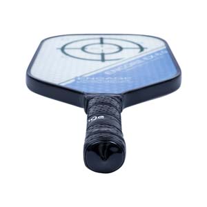 Top-down view of a black pickleball paddle with a white and blue face, target graphic, and ENGAGE branding on the grip.