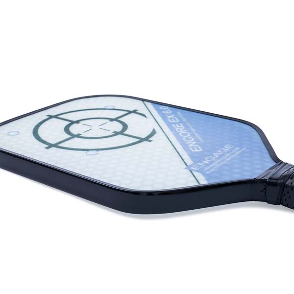 Side view of a white and blue pickleball paddle with a target design, ENCORE EX 6.0, and ENGAGE branding.