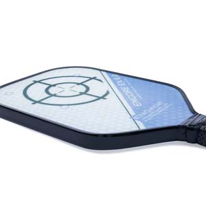 Side view of a white and blue pickleball paddle with a target design, ENCORE EX 6.0, and ENGAGE branding.